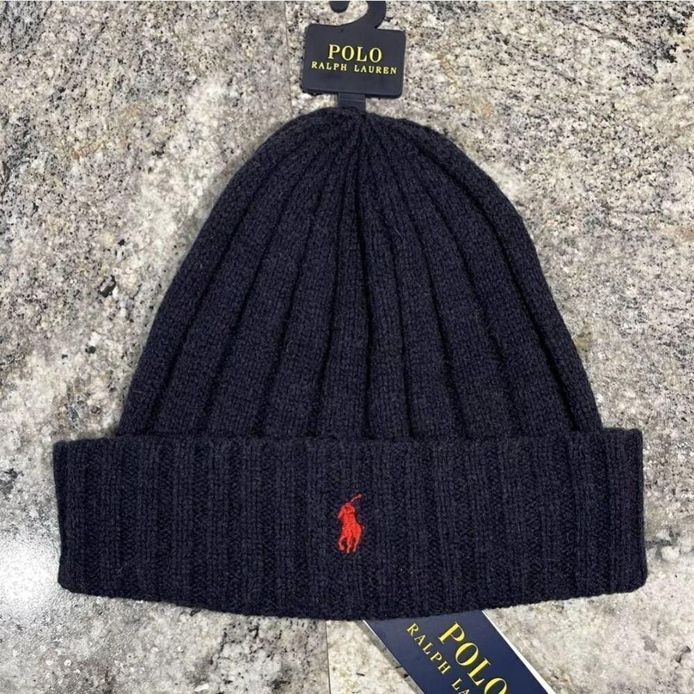 Men’s Polo Ralph Lauren Navy Blue Wool Red Pony Logo Ribbed Cuffed Beanie